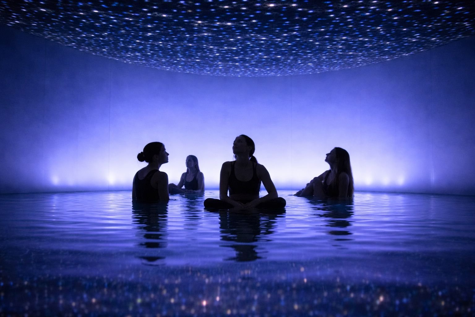 immersive spa with projected light ceiling and people floating in water
