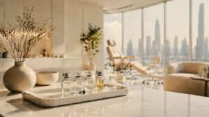 Peptide therapy vials at a luxury wellness clinic in Dubai