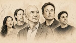 Illustrated portraits of tech founders and longevity investors including Jeff Bezos, Elon Musk, Priscilla Chan, Sam Altman and Sergey Brin