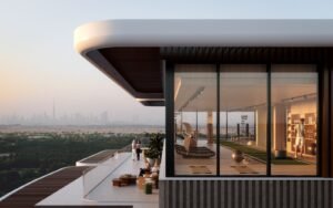 Biophilic luxury residential interior in the Gulf with natural light, greenery and panoramic city views.